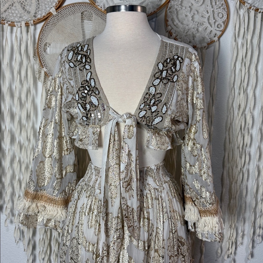 Papa Pia Crean and Gold Cropped Top and Maxi Skirt Festival Gypsy Set O/S - Picture 2 of 12